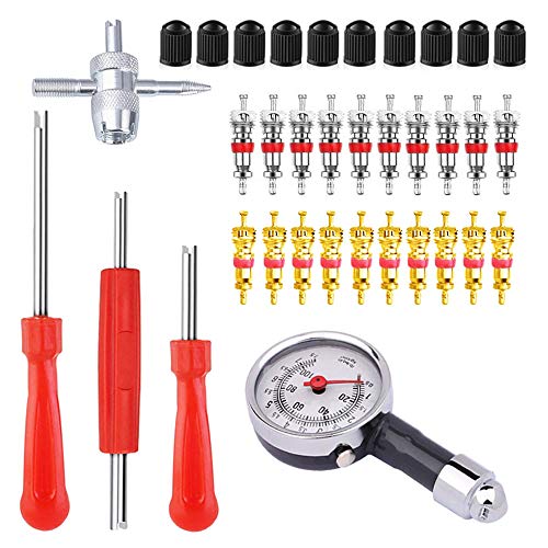 ZHSMS Valve Core Tool Set with Tire Pressure Gauge 20Pcs Valve Cores 10Pcs Tire Valve Caps 4-Way Valve Tool Dual Single Head Valve Core Remover Tire Repair Tool