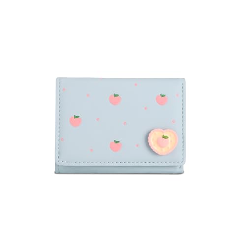 Wallet Women, Small Fruit Trifold Wallets Woman, Cute Blue Peach Girls Wallet Business Credit Card Change Holder Purse for ID Cards Cash Coin Blue
