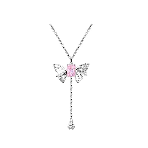Sterling Silver Butterfly Crystal Necklace with Tassel and Zircon Inlays Pendant Necklace Graceful Jewelry for Women