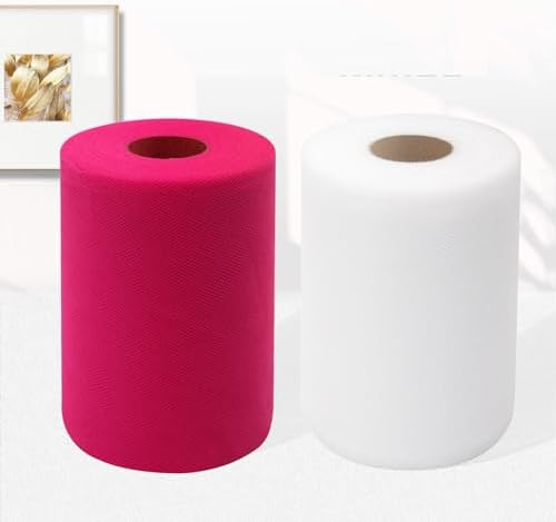 Tulle Fabric Rolls, 2 Pcs, 6 Inch by 100 Yards 300 feet Fabric Spool Tulle Ribbon for DIY Tutu Bow Baby Shower Birthday Party Wedding Decorations Christmas Craft Supplies White and Fuchsia