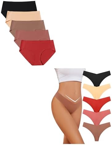 voenxe Womens Seamless Hipster 5 Pack and 5 Pack V Waisted No Show Ladies Panties