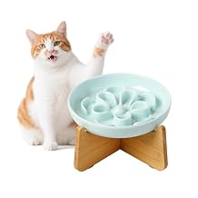 Elevated Slow Feeder Cat Bowl - Melamine Cat Dish with Anti-Slip Bamboo Stand - Whisker Friendly Feeding Bowl - Floral Maze Food Plate for Slow Eating - Blue