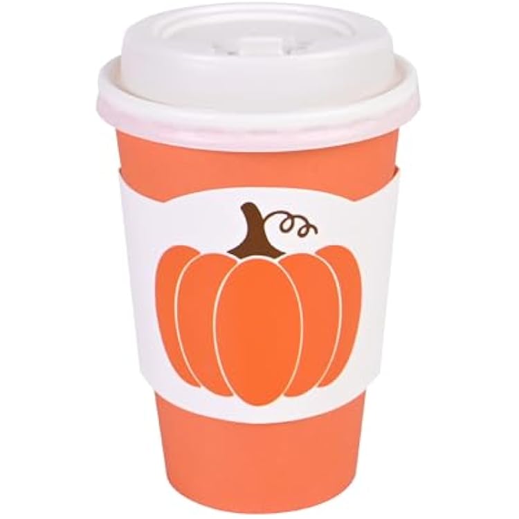 AimFun 50Pcs Thanksgiving Disposable Coffee Cups with Lids and Sleeves Pumpkin Fall Orange 12oz Paper Drinking To Go Cups for Autumn Harvest Birthday Baby Shower Party Supplies