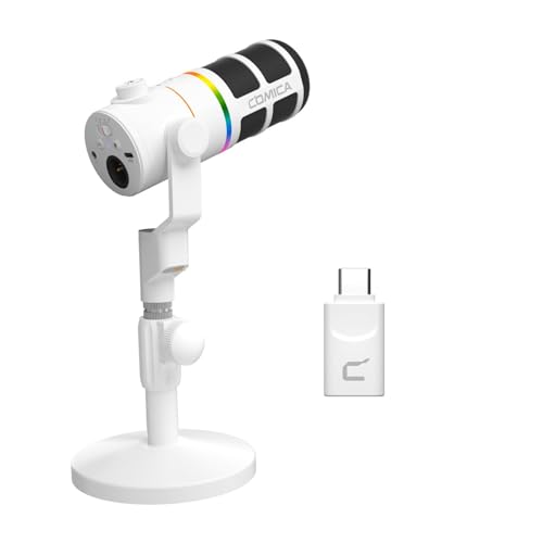 COMICA D10 Pro D XLR USB Dynamic Microphone with Receiver Desktop Mic Stand for GamingTikTokPodcast Recording,Support RGB Light Mute Button for PC,Smartphone,Computer,Mac,PS45White