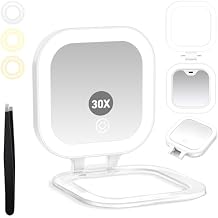 GOMIPURU Travel Mirror with Light, Compact Mirrors, 1x/30x Magnifying Mirror with 3 Color Lights and Adjustable Brightness, 4.5x3.9 inch Small Compact Hangable Hand Pocket Mirrors,  with Tweezer