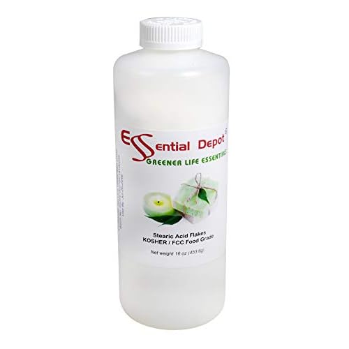 Essential Depot Stearic Acid - Triple Pressed - Vegetable Based - White Flakes - 1 lb. Net wt - Safety Sealed HDPE Container with Resealable Child Resistant Cap