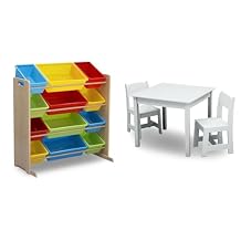 Delta Children Kids Toy Storage Organizer with 12 Bins and MySize Kids Table and 2 Chairs Set - Natural/Primary and Bianca White