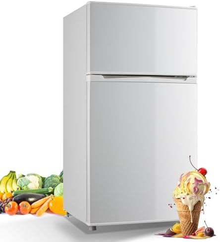 WANAI Small Refrigerator 3.5 Cu.Ft Dual Door Fridge With Freezer Mini Refrigerator with 7 TEMP Modes, Removable Shelves, LED Lights, Ideal for Bedroom Apartment Dorm and Office, Cream