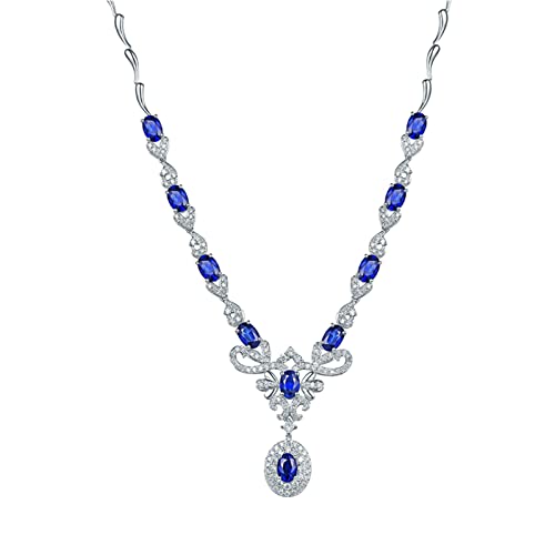 Ladies Necklace 18K Gold, Pendant Necklaces Women Luxury Flower 5.68ct Lab Created Sapphire with 1.225ct Diamond White Gold Necklace 45CM