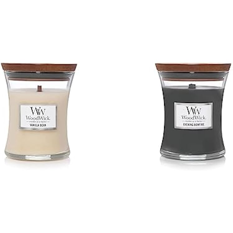 WoodWick Vanilla Bean and Evening Bonfire Medium Hourglass Candles, 9.7 oz. Each