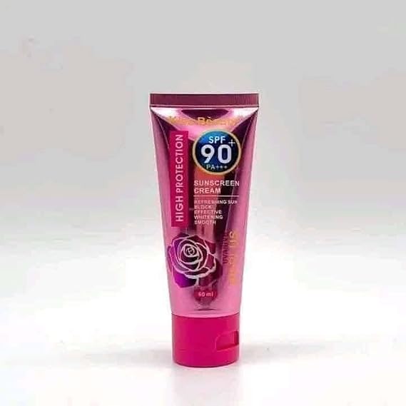 High Protection Whitening Sunscreen Cream with SPF 90 PA+++, Pink Rose Design, Refreshing Sun Block, 60ml