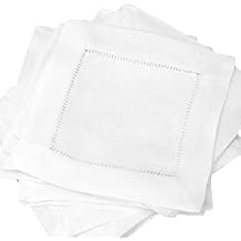 CleverDelights 6" White Linen Hemstitch Cocktail Napkins - 12 Pack - 100% Linen
