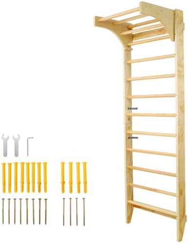 Wooden Swedish Ladder, Stall Bars Set for Physical Therapy & Gymnastics (with Adjustable Pull-up Bar)