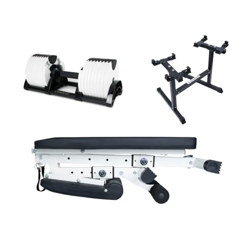 BUNDLE DEAL - Two Adjustable Dumbbells 80LB WHITE  Dumbbell Stand  Adjustable Bench 4 items