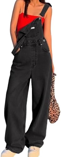 EMMIOL Women's Denim Overalls, Baggy Loose Fit Wide Leg Jumpsuit, 90s Vintage Style Overall with Adjustable Straps