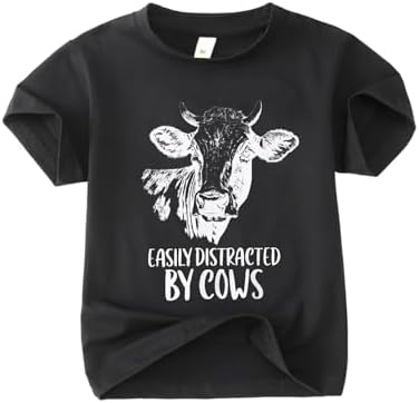 GLIGLITTR Toddler Baby Boy Girl Farm Shirt Easily Distracted by Cows Animals Graphic T-Shirt Kid Funny Letter Summer Tee Tops