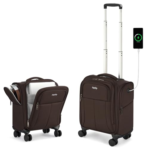 HanTrip 16 Inch Underseat Carry On Luggage with Wheels Softside Small Suitcases Personal Item Bag with Pocket Travel Luggage for Men Women Business Overnight BagCoffee