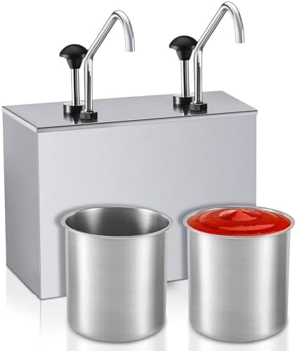Condiment Pump Dispenser, Stainless Steel Dual Head Sauce Dispenser Bucket, 3.7 Quart Station for Ketchup, Dressing, Salad, Jam, Seasoning