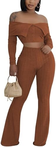 Mintsnow Women Sexy 2 Piece Outfits Sets Off Shoulder Long Sleeve Crop Tops Wide Leg Long Flared Pants Jumpsuit Clubwear