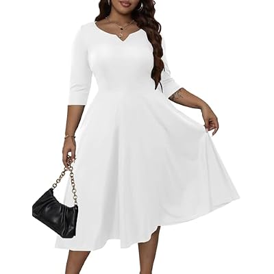Runwind Plus Size Dresses Women Fit and Flare A-Line Swing Dress 34 Sleeve Midi Church Wedding Guest Cocktail Party Dresses