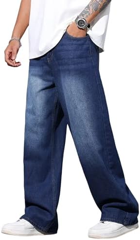 Mens Baggy Jeans Y2K Vintage Wide Leg Denim Pants Hip Hop Skater Jeans Loose Fit Trousers 2000s Streetwear