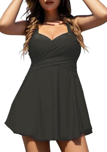 COCOPEAR Womens Elegant Crossover One Piece Swimdress Floral Skirted Swimsuit Matt Black L8-10