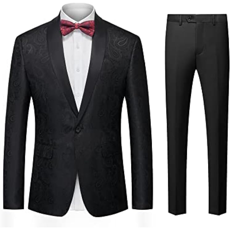 KIRANDY Sophisticated Bow Tie Brocade Suit Set, Mens Stylish Floral Blazer with Matching Pants Color : Black CoatPantsBow, Size : XX-Large