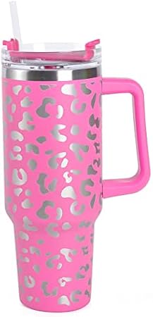 40 oz Tumbler with Handle Leopard Stainless Steel Thermos Mug Coffee Cup Outdoor Car Mug Sports Travel Stainless Steel Tumbler (Pink)