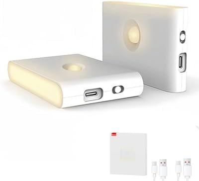 FULLBELL Auto-Dimming Magnetic Night Light - Ultra Thin 2700K USB-C Rechargeable for Stairs, Bathroom, Closet IP44 Waterproof, Renter Safe, 2-Pack