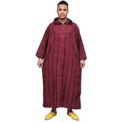 Moroccan Men Djellaba Handmade Hooded Caftan Burgundy With Matching Embroidery Tread Thobe Loungewear African Medium
