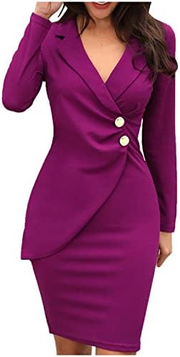 Womens Pencil Work Dresses Long Sleeve V-Neck Bodycon Business Blazer Dress Solid Turn Down Buttons Formal Dress