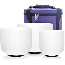 KVKA Set of 3pcs Chakra Frosted Quartz Crystal Singing Bowls Set 8-12 inch with Carrying Case - 12''C 10''F 8''B for Yoga Sound Healing