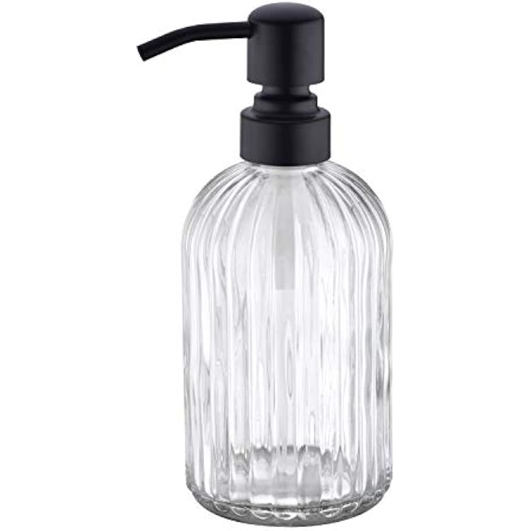 16Oz Clear Glass Soap Dispenser with Rust Proof Black Stainless Steel Pump, Refillable Bathroom Soap Dispenser with Vertical Stripe, Black Pump Kitchen Dispensers