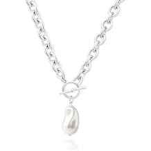 Zeffy 14K Gold/Silver Plated Chunky Thick Chain Toggle Clasp Necklace Dainty Baroque Pearl/Heart/Cross/Turquoise Pendant Necklace