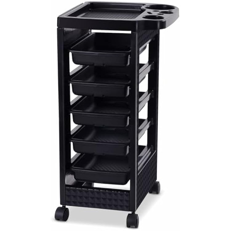 SyyBhb Salon Trolley Cart with Wheels, Hair Stylist Cart with Drawers, Hair Dryer Tool Holder and Tint Bowl Slot, Black