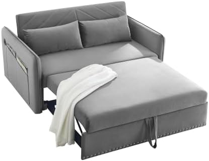 AnyMark 55" Sleeper Sofa Bed, 3-in-1 Convertible Sofa with Pull Out Bed, USB Port and Side Pocket, Velvet Futon Sofa Couch Bed for Living Room, Bedroom (Modern Grey)