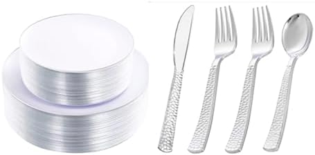 KIRE 100PCS Silver Plastic Plates - Heavy Duty White Disposable Plates with Silver Rim&400PCS Silver Plastic Silverware