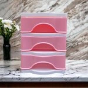 3 Çekmeceli Masa Üstü Çekmece Sert Plastik/Organizer Fosforlu Seri - Pembe Renk
