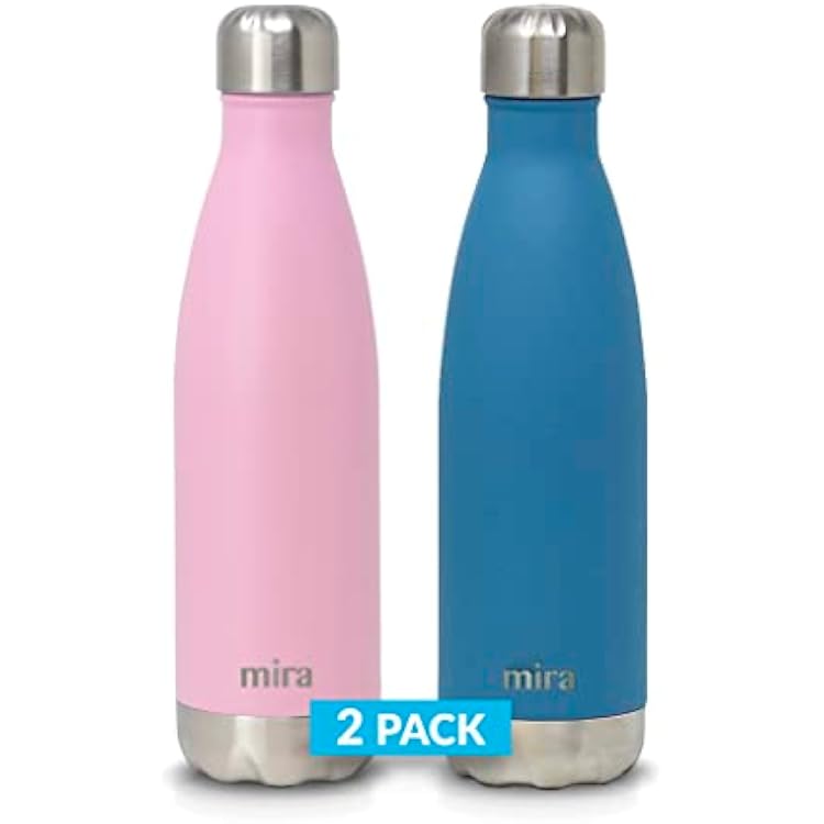 MIRA 2 Pack 17 oz Insulated Water Bottle - Stainless Steel Cola Shape Thermo - Double Wall Hot & Cold Flask 24Hr Cold12Hr Hot - Rose Pink & Hawaiian Blue