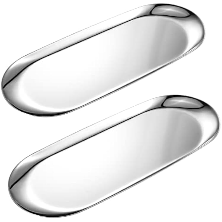 2 Pack Silver Oval Vanity Tray, Stainless Steel Jewelry Tray, Bathroom Tray, Makeup Cosmetic Trays,Towel Napkin Tray,Storage Organizer,11.8 x 4.8 inches LxW,Large