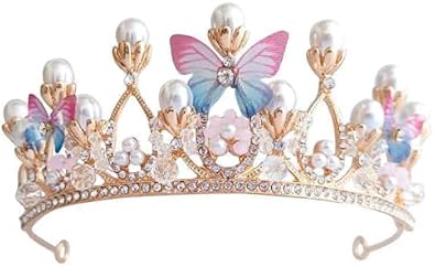 Tiara Butterfly Princess Crown Gold Pearl Headband Rhinestone Hairpiece for Wedding Bridal Prom Birthday Party Cosplay