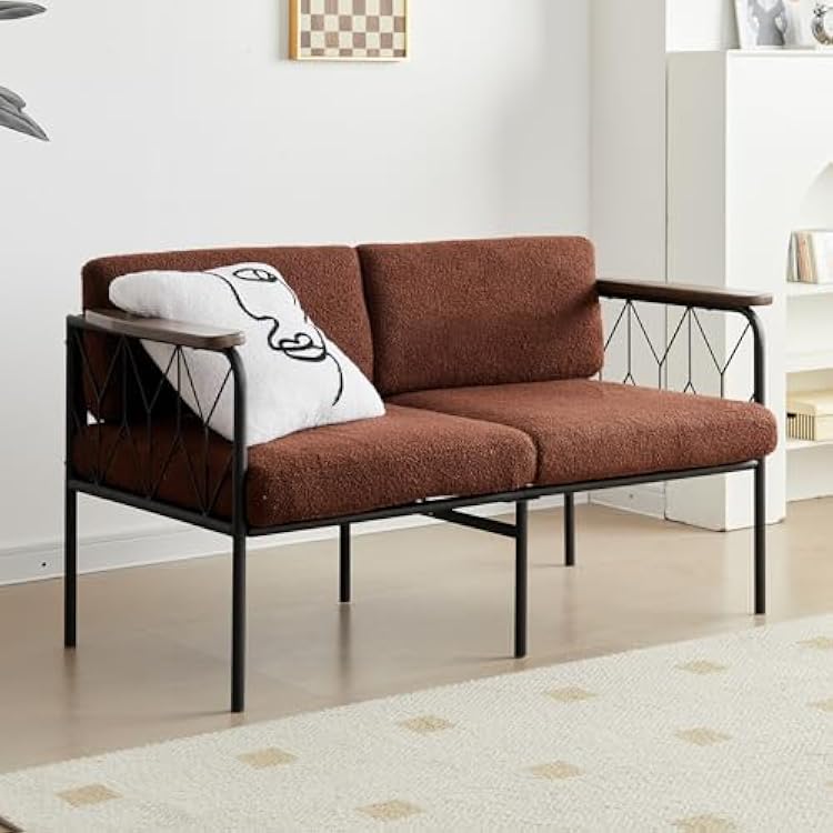 Cpintltr 47 W Futon Sofa Couch Modern Loveseat Sleeper Sofa Bed with Sturdy Metal Frame Teddy Velvet Upholstered Convertible Couch Bed for Living Room Bedroom Apartment Office Brown