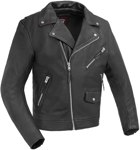 First Mfg Co Arnold Mens Leather Motorcycle Jacket, Premium Cowhide, Classic Biker Style with Zippered Sleeves and Gussets