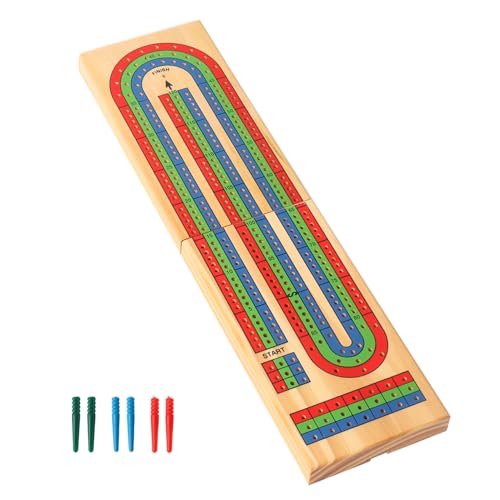 GSE Games & Sports Expert Wooden Folding 3-Track Color Coded Travel Cribbage Board with 6 Plastic Pegs, Wooden Travel Portable Cribbage Board Game Set