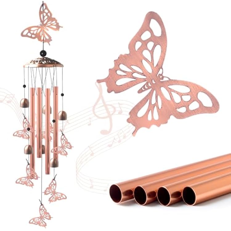 JOBOSI Butterfly Festive Brass Wind Chimes for Outside Handcrafted with Deep Melodic Tone, ChristmasBirthday Decor for Garden & Patio Lovers, Unique Housewarming Present for Outdoor Spaces