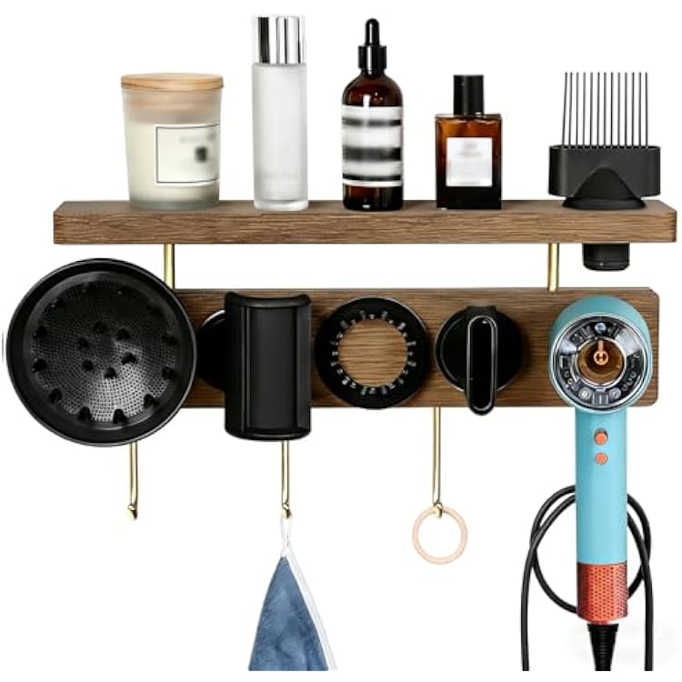 Affogato Storage Holder Hair Dryer Wall Mount Compatible with Dyson Supersonic, Magnetic 5 Holes Hair Dryer Organizer Stand, Wood Storage Rack for Bathroom