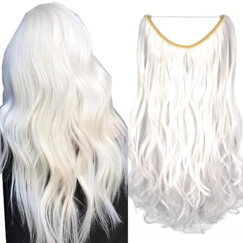 iLUU Synthetic Secret Hair Extensions #1001 Pure White Wavy Hair pieces Heat Resistent Fiber Invisible Wire Hairpiece 18 80g Fish Line Curly Wig Extension for Women Snow White