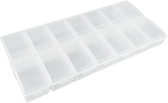 BIN BUDDY 14 Compartment Plastic Storage Box | 11" (28 cm) x 1" (2.5 cm) x 5" (12.7 cm) | Raised Braille Dots 1-7 | Individual Lids | Ideal for Daily Medication & More