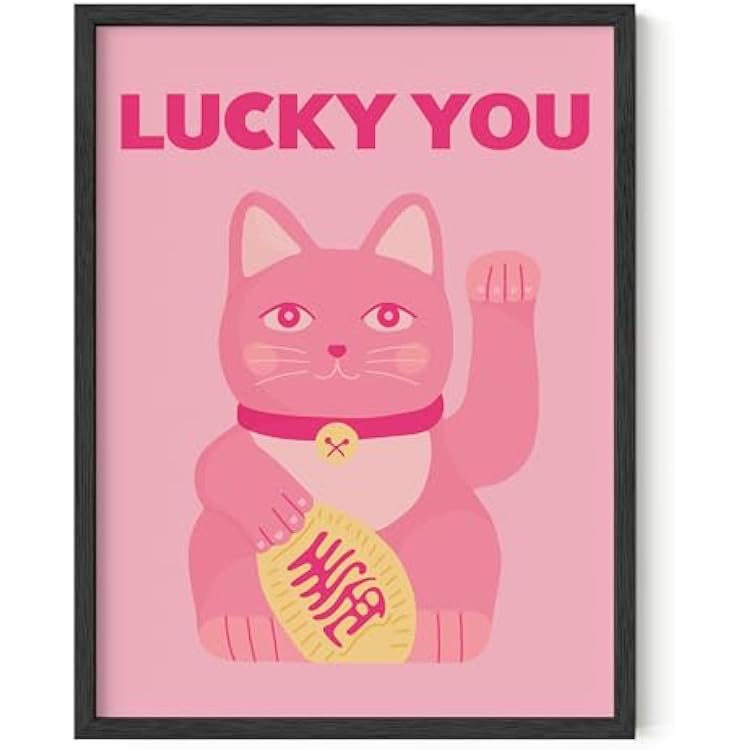 HAUS AND HUES Pink Cat Wall Art - Lucky You Japanese Anime Cat Poster, Pink Aesthetic Art for Bedroom, Dorm, or Office Decor, 12x16 Unframed