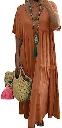 QANSI Women Cotton Linen Maxi Dress Plus Size Long Floor Length Dress Short Sleeve Casual Loose Baggy V Neck Dress